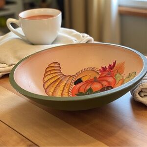 Vintage wooden serving bowl, hand painted, cornucopia